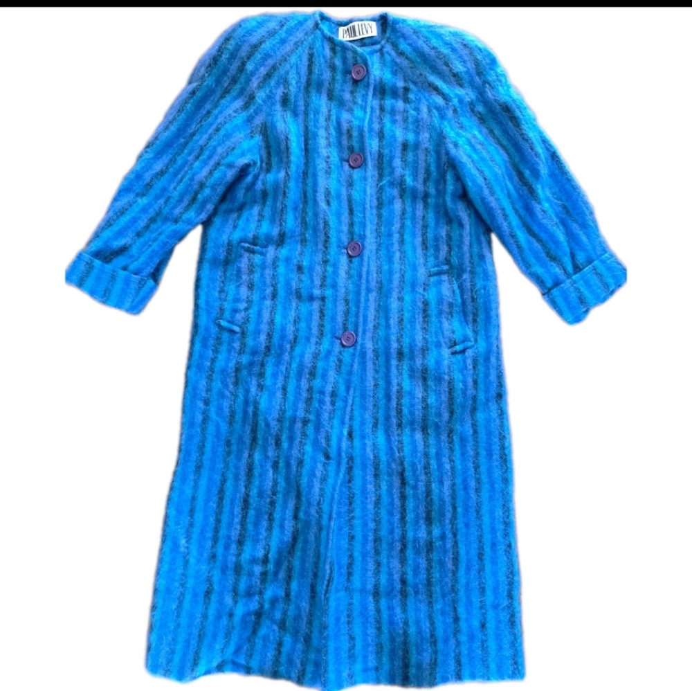 Vintage Paul Levy Mohair Long Coat | Union Made 70s–80s Blue & Purple Striped